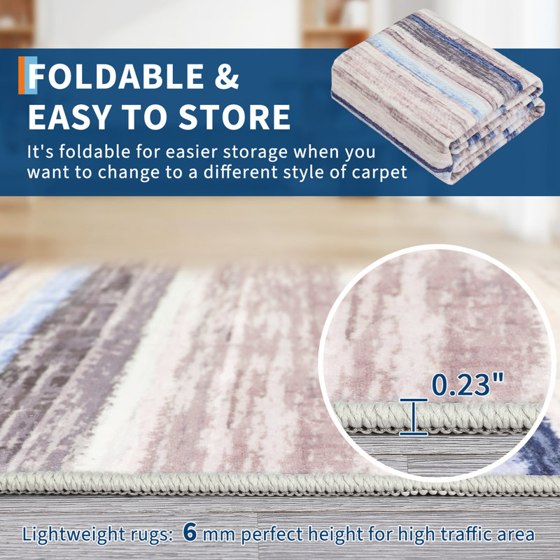 Tapis à rayures Modernes 5 x 7 avec envers antidérapant, tapis contemporain pliable et résistant aux taches