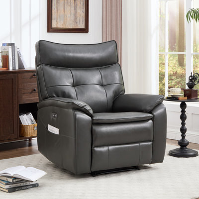 35.8" Wide Sleek Modern Top Genuine Leather Upholstered Power Recliner With Side Pocket & USB Port by Hokku Designs