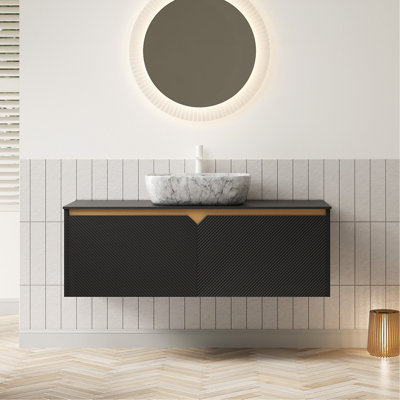 Meuble-lavabo 48 po, meuble de rangement mural en contreplaqué flottant, portes doubles en sergé avec garniture en métal, vasque rectangulaire en céramique à motif marbré et plateau en pierre frittée noire, noir