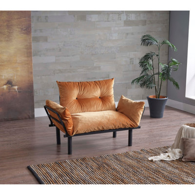 Canapé-lit futon moutarde avec support en métal, profondeur 123 cm, largeur 60,5 cm, hauteur 88 cm. Structure métallique couleur moutarde, 124,5 cm de profondeur x 61 cm de largeur x 89 cm de hauteur, poids 13,6 kg