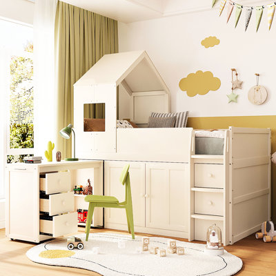 Lit mezzanine simple en bois, couleur beige, design maison, bureau et rangement pour tiroirs «Imaginative Study Spaces»
