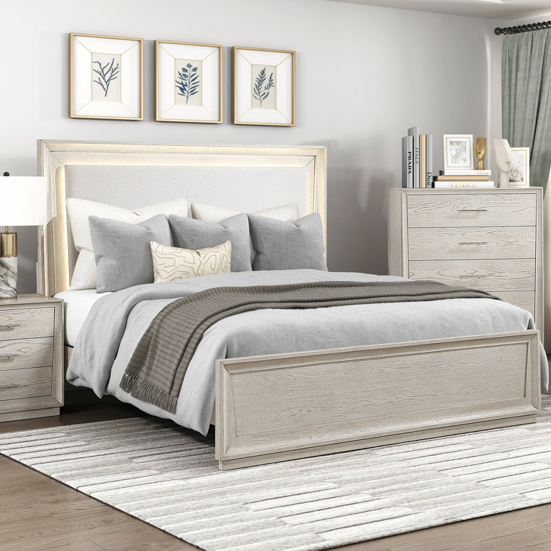 Lit de style moderne avec finition gris clair et tête de lit à rétroéclairage à DEL avec mobilier de chambre en bois 1pc