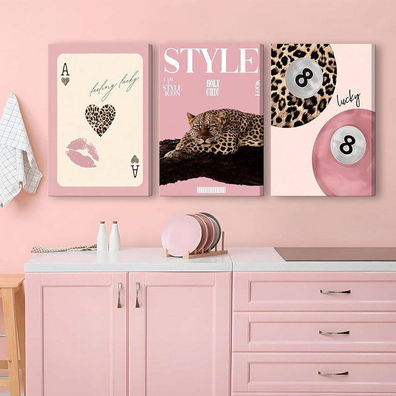 Set Of 3 Framed Trendy Pink Leopard Canvas Wall Art Funky Lucky 8 Ball Posters Prints Preppy Room Aesthetic Cheetah Wall Decor Pictures For Bedroom Apartment Dorm Decoration