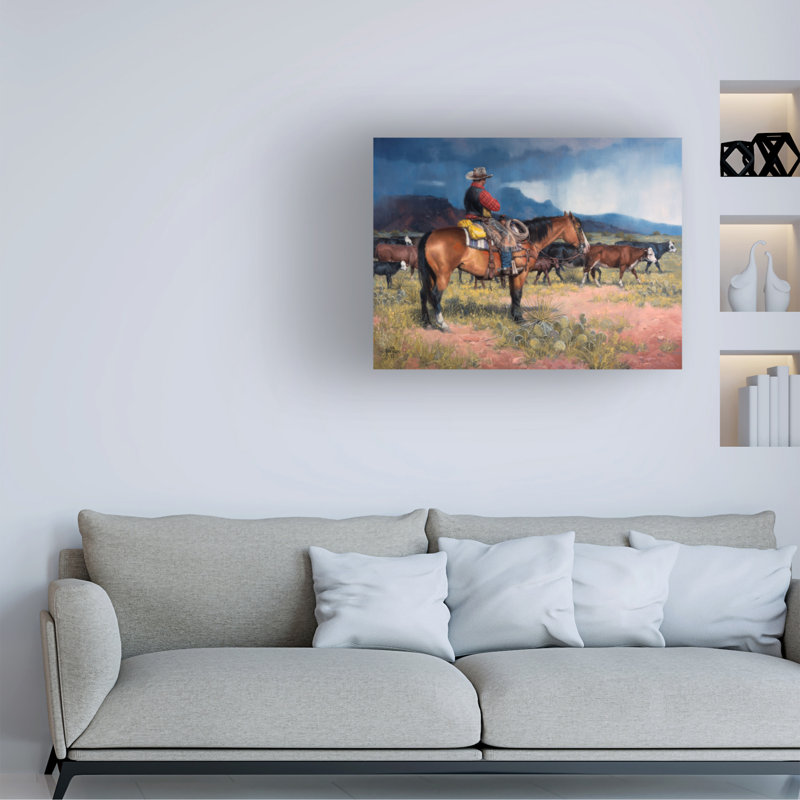"Vingt ans dans la selle" par Jack Sorenson - peinture sur toile tendue, H 24 po x l 32 po x P 2 po