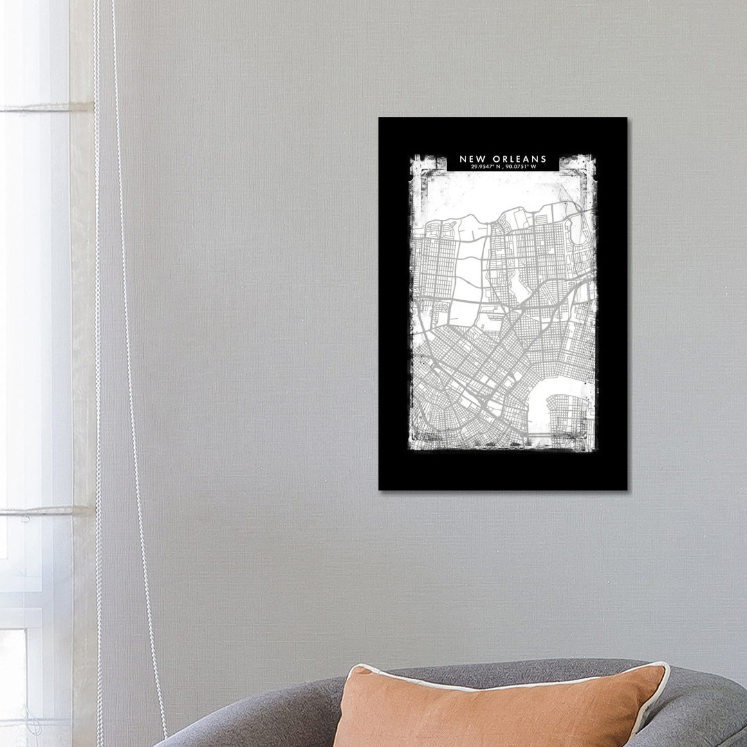 New Orleans Stadtplan Schwarz Weiß Grau Stil von WallDecorAddict - Gallery-Wrapped Canvas Giclée on Canvas