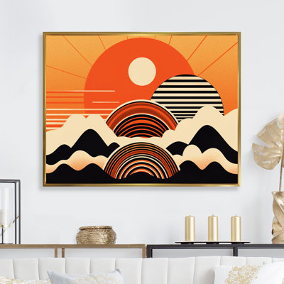 Soleil orange assis sur un sommet de montagne V sur toile