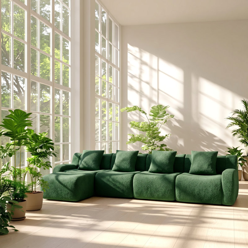 Evergreen 148" W x 65.7" D x 27.9" H 4-Seat Teddy Fabric L-Shaped Sectional Sofa, 27.9" H x 148" W x 65.7" D, Green Teddy