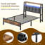 Lit plateforme moderne en bois et métal avec tête de lit rembourrée, éclairage DEL, station de recharge et rangement sous le lit-652386856-652386859