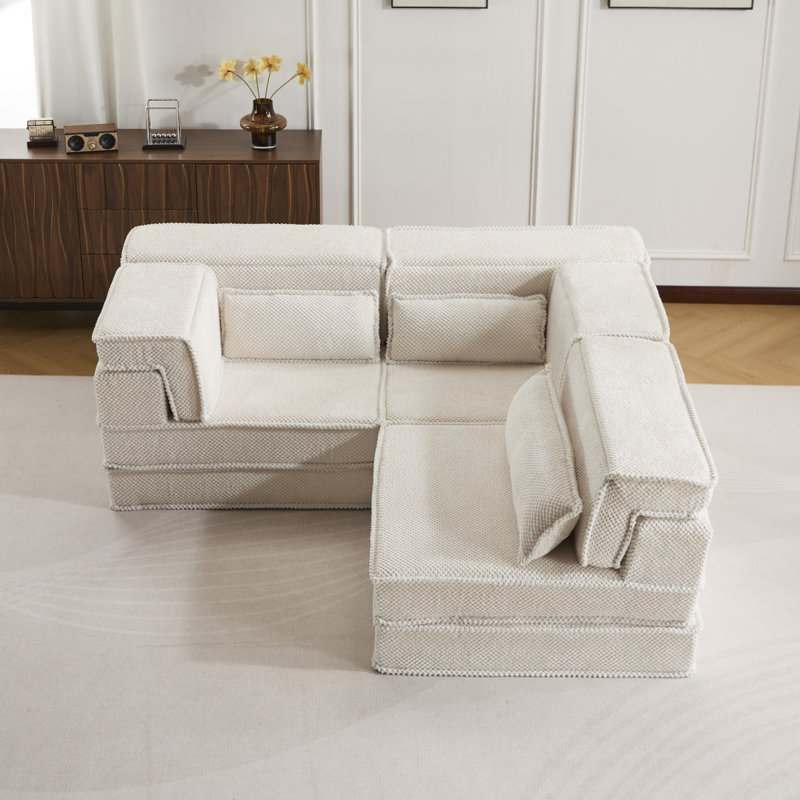 Canapé à compression Mahjong, canapé-lit convertible au sol, canapé modulaire modulaire désossé DIY, aucun assemblage requis, tissu polaire circulaire, surdimensionné à 3 places avec 3 coussins, blanc