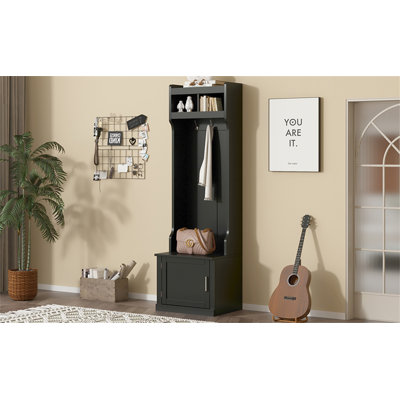 Arbre d'entrée minimaliste avec armoire et 6 crochets, banc de rangement multifonctionnel pour petits espaces