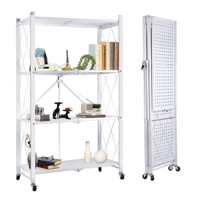 4 Tier White Folding Shelf on Wheels