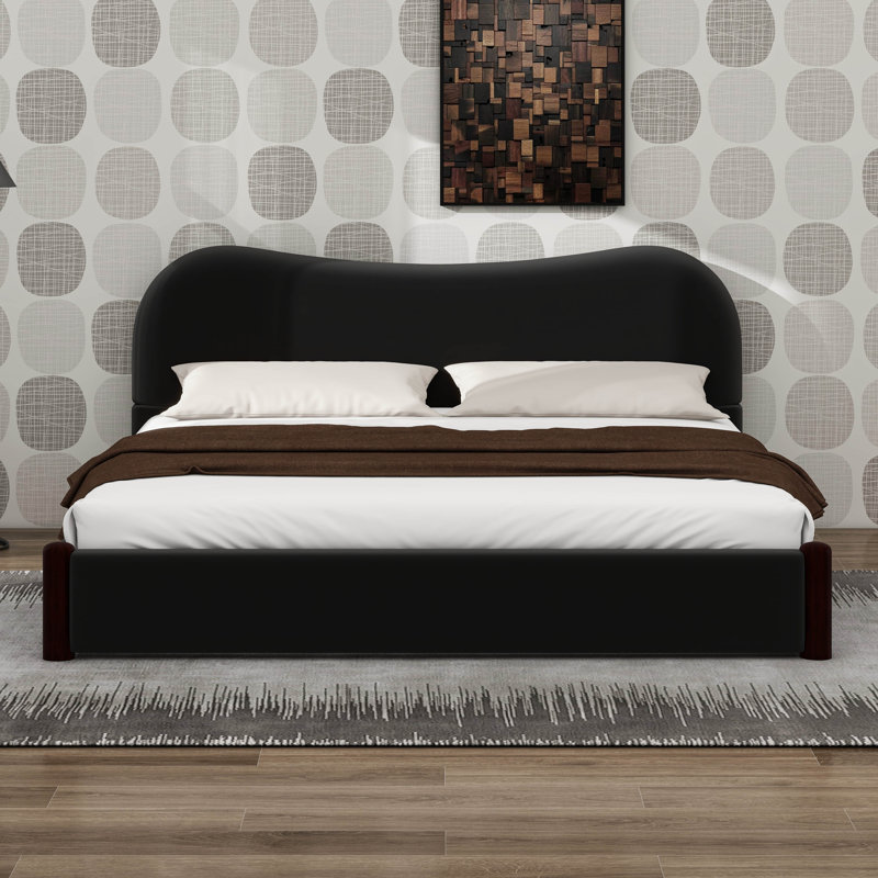 Lit plateforme tapissier avec tête de lit courbée, cadre de lit plateforme en bois moderne, Très grand lit, Noir