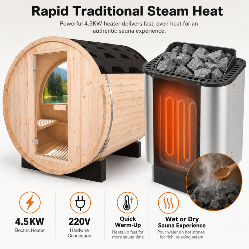 Ensemble de sauna extérieur pour 2 personnes Duthss, sauna traditionnel en bois à vapeur pour la maison avec toit imperméable, chauffage électrique 220 V 4,5 kW, vitre panoramique semi-circulaire