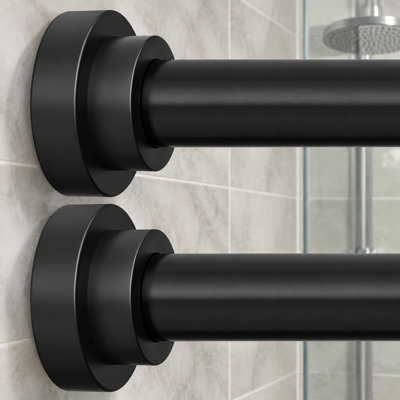 This 2 pack of black spring-tension shower rods adjusts from 43-80 inch and uses 1" heavy-duty stainless steel; each rod installs without drilling, is rustproof, and has anti-slip caps for bathrooms, closets, and windows.