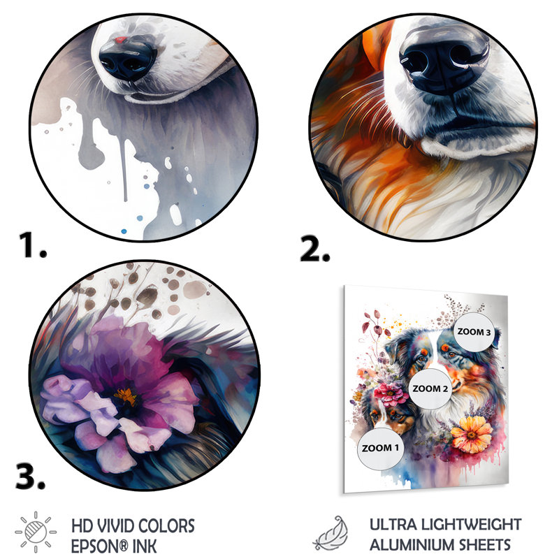 Mignon berger australien, art floral II - décoration murale moderne en métal, H 20 po x l 12 po x P 1 po
