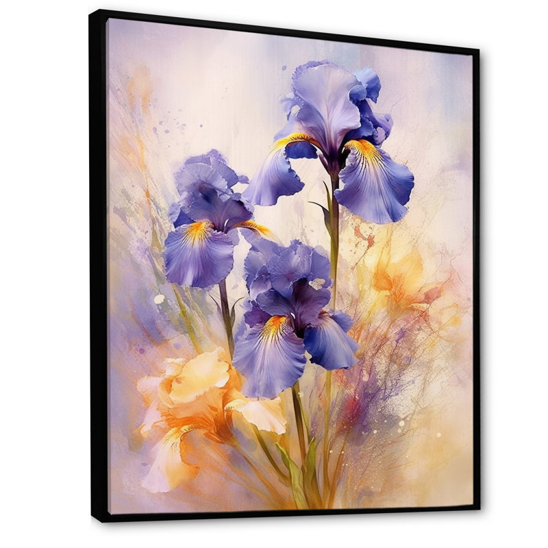 «Mauve jaune et iris», impressions sur toile, H 32 po x l 16 po x P 1,5 po, Cadre flottant noir