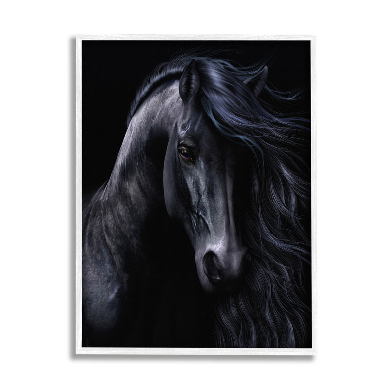 Az-063 - Portrait d'étalon noir encadré, H 20 po x l 16 po x P 1,5 po