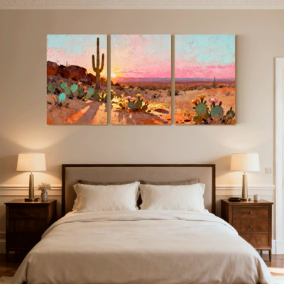 Plants & Flowers Desert Landscape Sunset Cactus Flowers Sky Horizon Artwork Set of 3 Canvas Wall Art Prints
