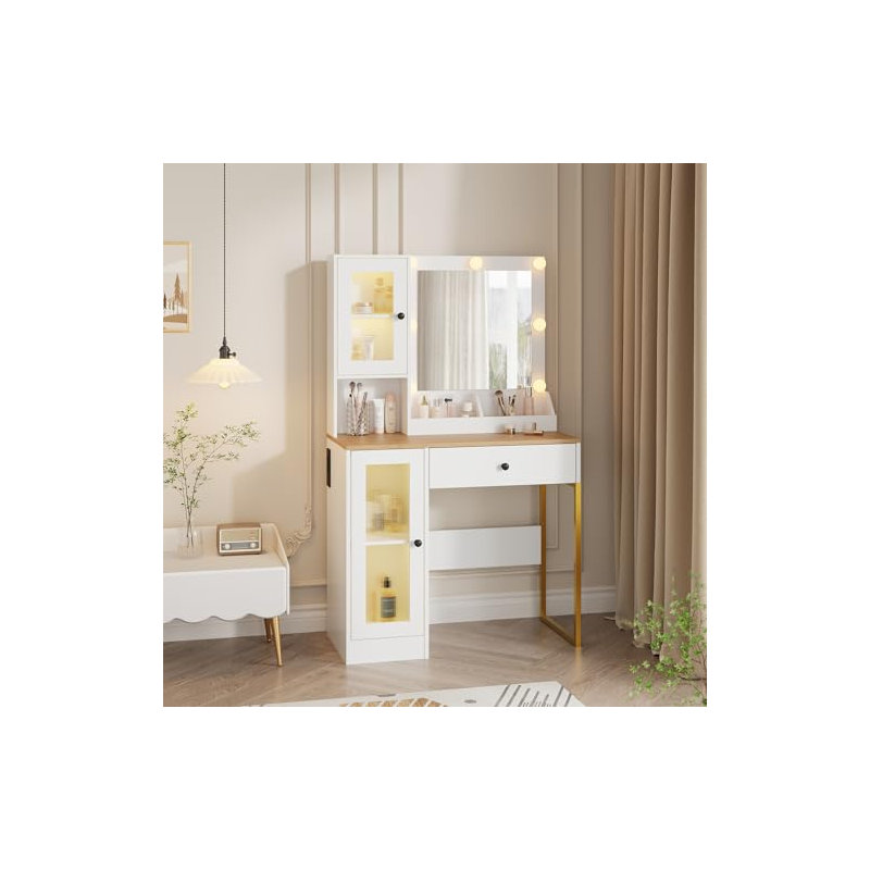 Makeup Vanity Desk with Mirror & Adjustable LED Lights, Modern Vanity Table with Open Shelves & Acrylic-Door Cabinets