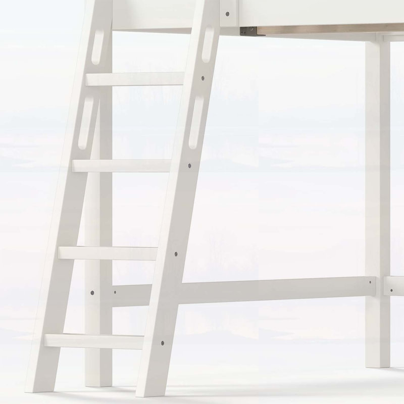 Lit mezzanine en bois massif pleine grandeur avec garde-corps pleine longueur, échelles et vaste espace sous le lit, beige