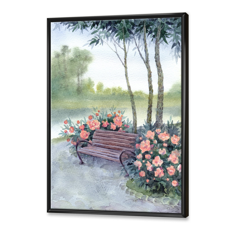 «Bench in Park» par les Pions Bushes - peinture sur toile, Toile avec cadre noir, H 32 po x l 24 po x P 1 po