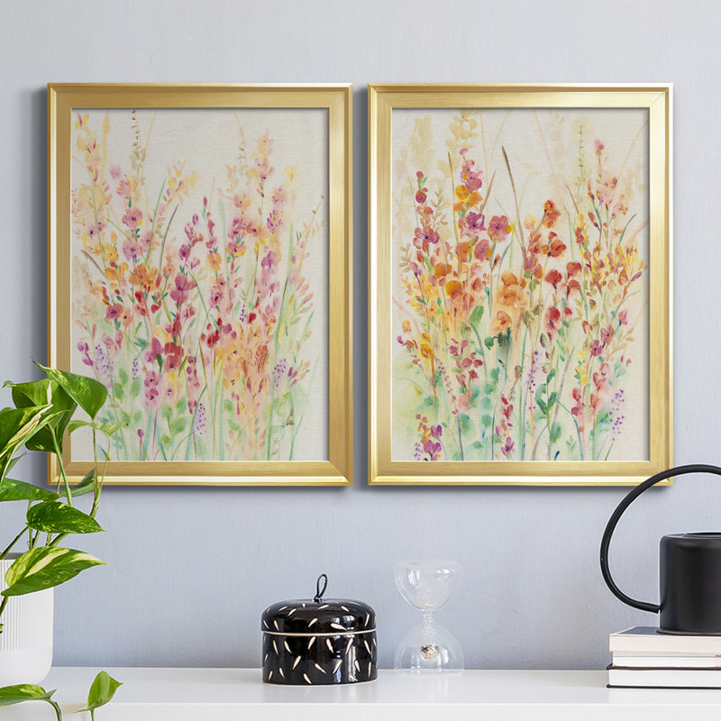 Brilliant Floral I - ensemble de 2 peintures sur toile encadrées, Or, H 42,5 po x l 30,5 po x P 1 po