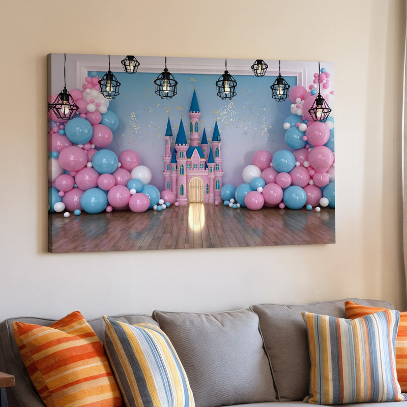 Toile, toile de fond fantaisiste avec château de couleur pastel avec art mural, tours bleues entourées d'une toile