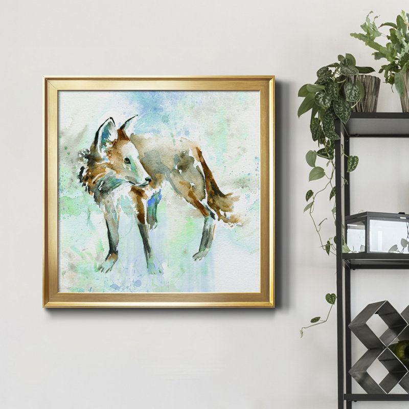 Renard sur bleu - Reproduction d'art sur toile encadrée, H 17,5 po x l 17,5 po x P 1,5 po, Encadrement doré