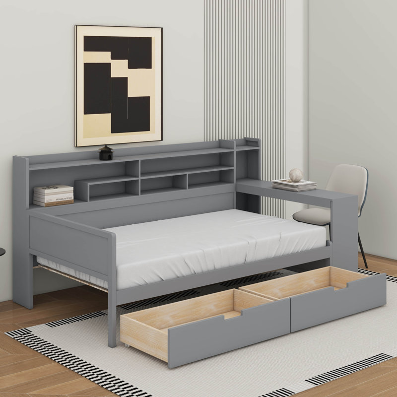 Lit de jour simple avec tablettes de rangement, lit multifonctionnel avec deux tiroirs de rangement et bureau d'étude, Gris
