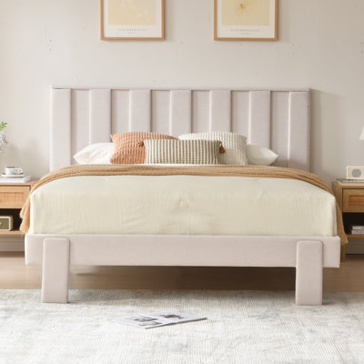 Modern Velvet Upholstered Platform Bed Frame with High Headboard, Vertical Channel Tufted Slatted Base, No Box Spring Required