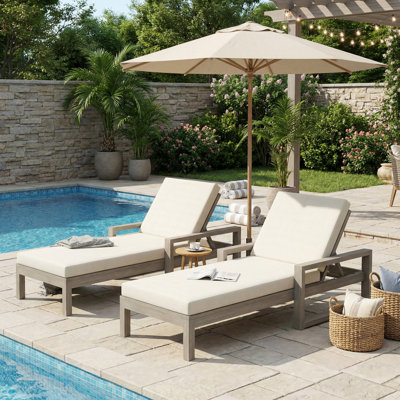 Outdoor Lounge Chairs, Acacia Wood 5-Position Patio Chaise Lounge with Cushion & Adjustable Backrest, Pool Lounge Chairs for Backyard, Lawn