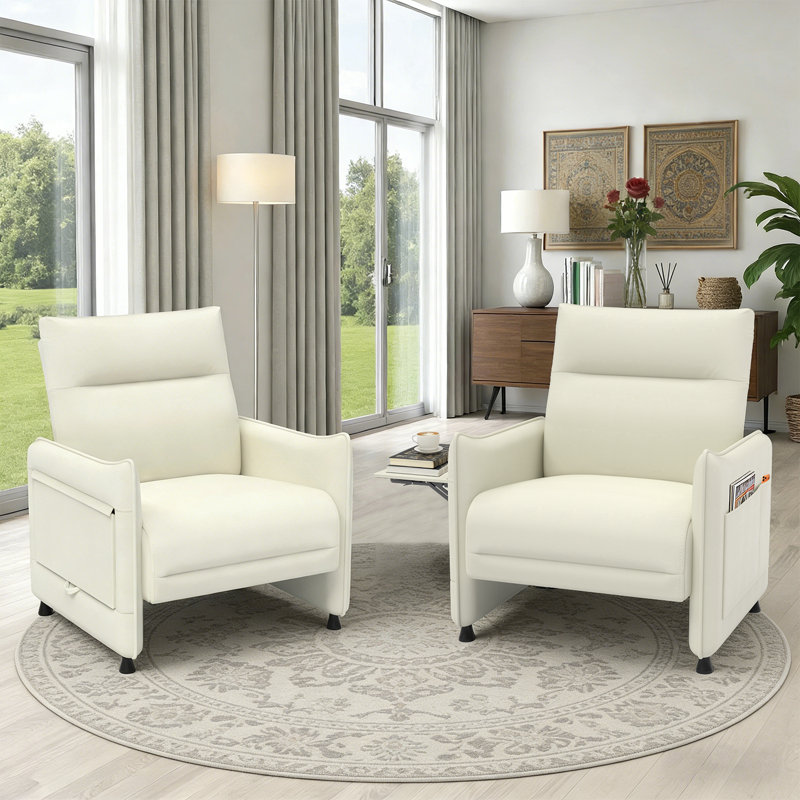 Modern Upholstered Faux Leather Accent Armchair with Side Tray Table & Side Pockets, Beige