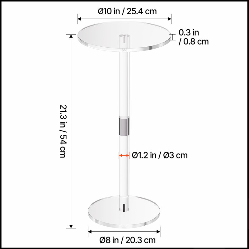 Table à boissons en acrylique transparent avec poteau plein, moderne et durable pour le café, les collations et l'assemblage facile