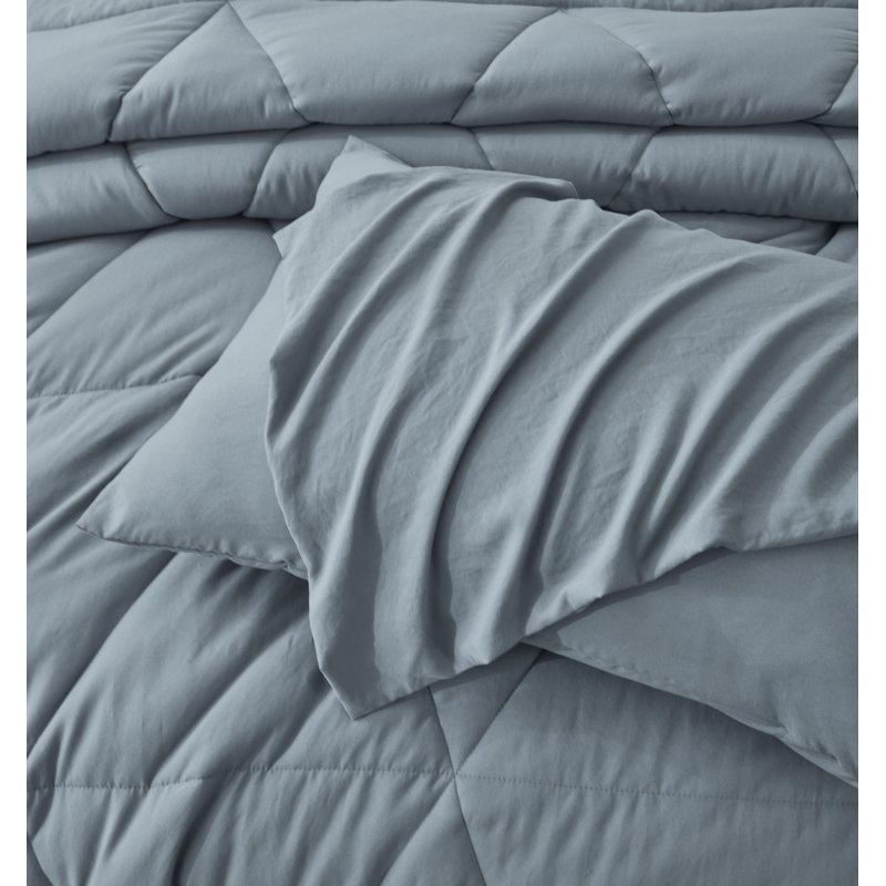 Washed Microfiber Bedding Polyester Comforter, King Comforter + 2 King Shams, Blue