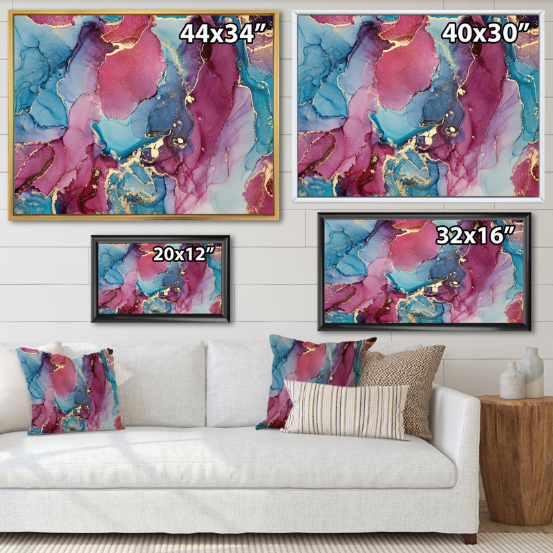 Bleu et mauve luxueux abstrait fluide - Peinture sur toile, Cadre flottant noir, H 16 po x l 32 po