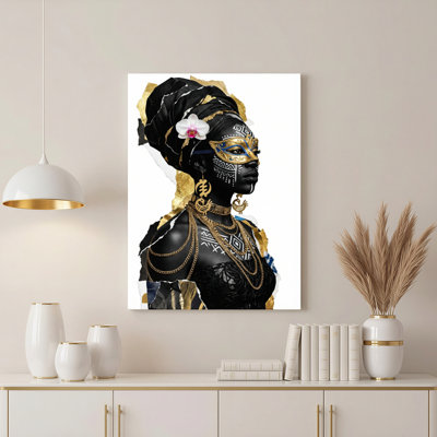 Femme africaine avec bijoux en or et motifs tribaux, reproduction d'art sur toile tendue sur toile, ensemble de 1
