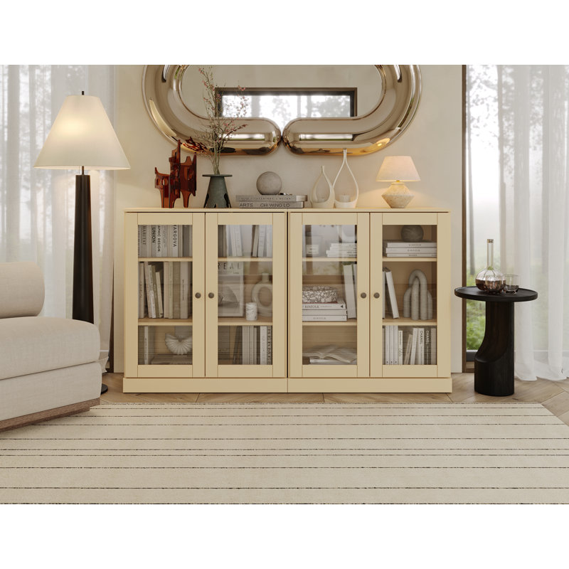 Buffet 100% bois massif 64 po avec portes en verre givré, 4 tiroirs, Jaune