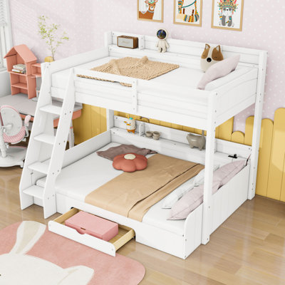 Twin Over Full Wood Bunk Bed With Storage Shelves, LED Lighting, USB And Drawer