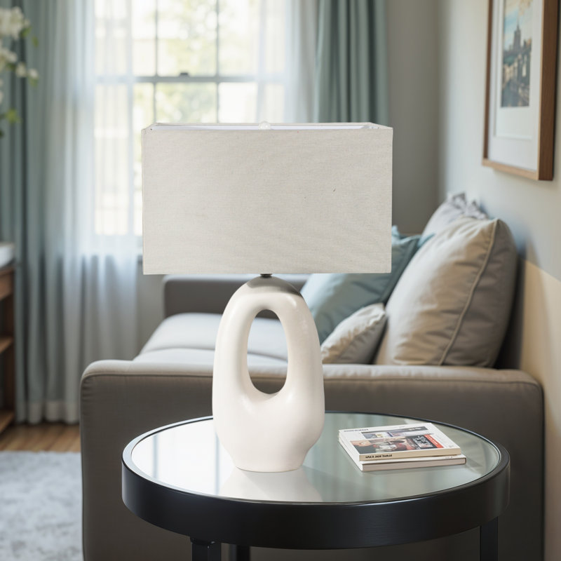 Latitude Run® 27" White Ceramic Open Cut-Out Oval Table Lamp With Linen Shade