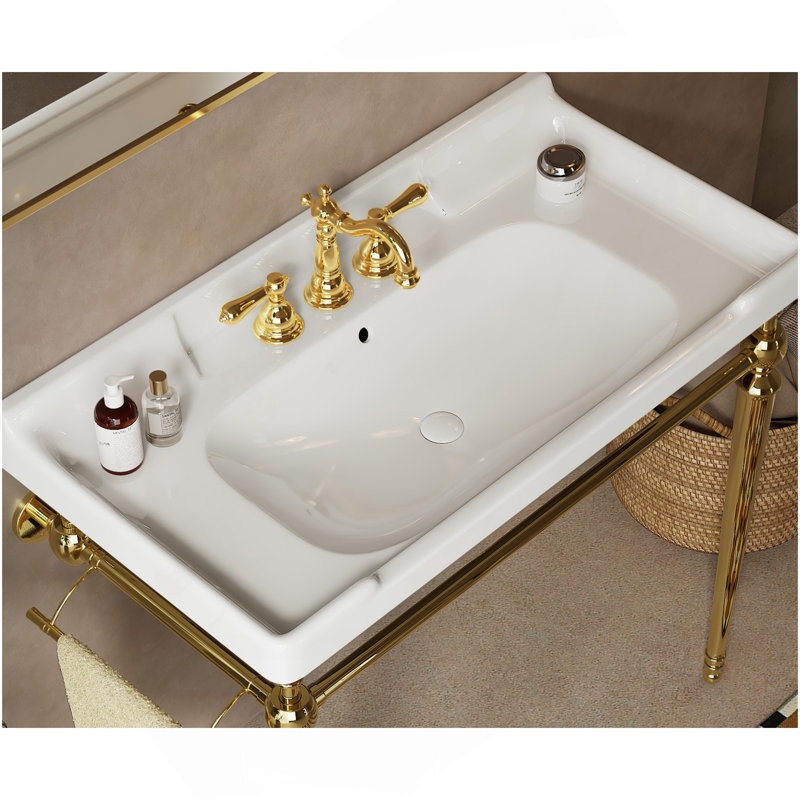 36" Bathroom Ceramic Basin With 3 Pre-Drilled Hole, NO Cabinet And Faucet, White, White
