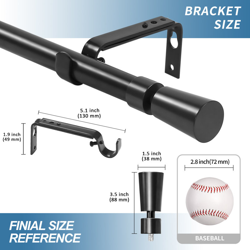 Black Adjustable Steel Single Curtain Rod Set