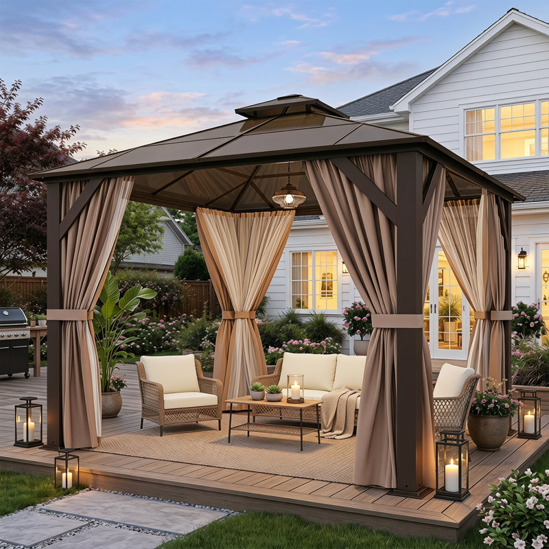 Pavillon de jardin rigide avec toit double en polycarbonate - Pavillon en métal robuste avec filet et rideaux, brun