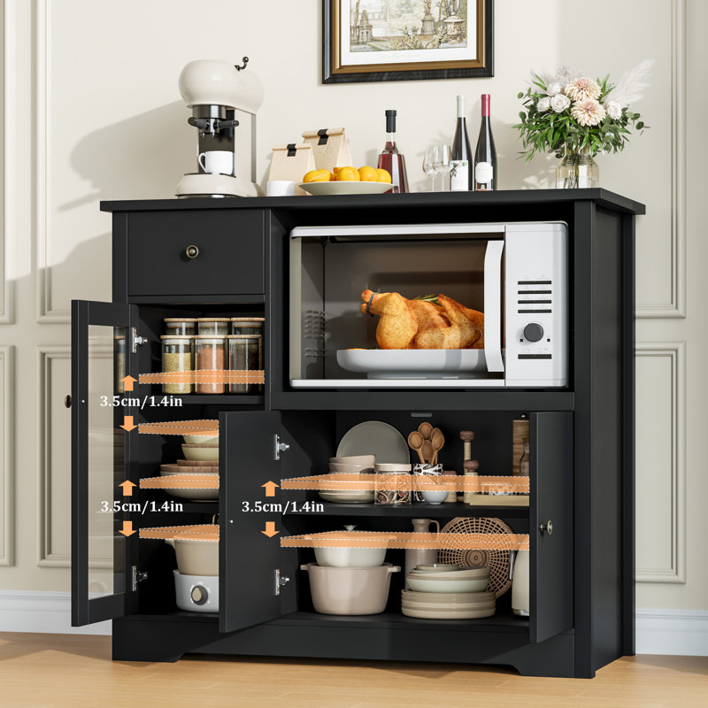 Garde-manger de 35,4 po de largeur, garde-manger avec placard, tiroir et cube pour micro-ondes, Noir