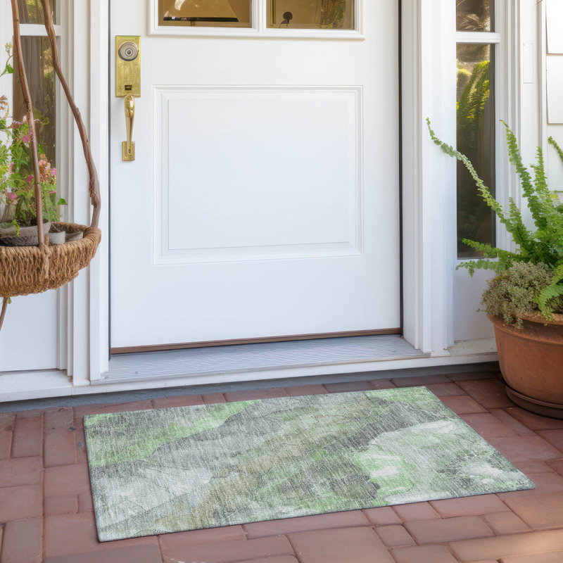 Machine Washable Indoor/Outdoor Xhevrie Green Rug, Rectangle 1'8" x 2'6"