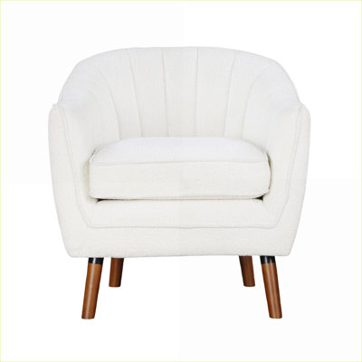 Fauteuil d'appoint Mid-Century moderne en chenille ivoire pour adultes, dossier rembourré avec pieds en bois massif brun noyer