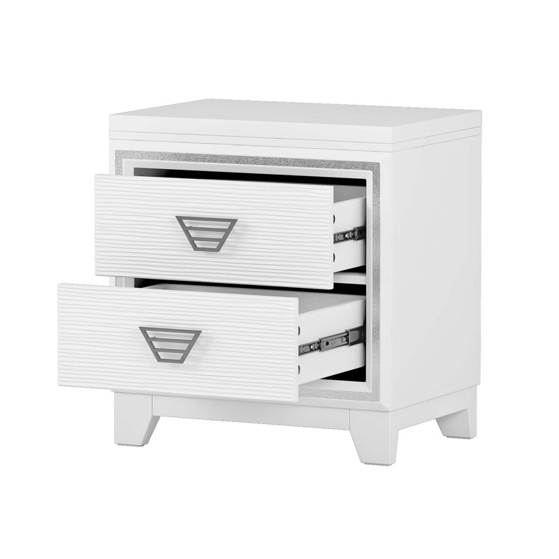 Table de chevet élégante avec poignée en métal scintillante et brillante, décoration 2 tiroirs, salon, Blanc