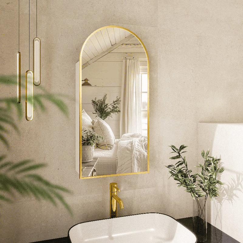 Arched Surface-Mount Medicine Cabinet with Mirror, Aluminum Alloy Brushed Frame, Gold, 31.5" H x 15.7" W x 4.6" D
