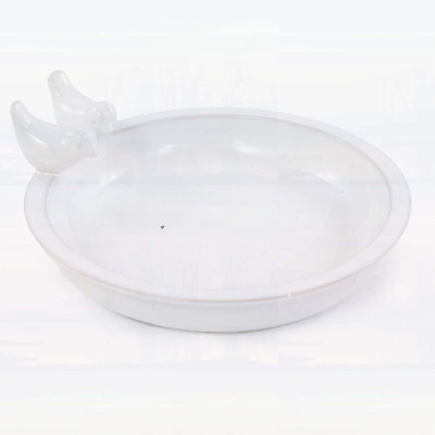 Bain d'oiseaux en céramique fait à la main de 11,8 pouces blanc brillant avec ornements d'oiseaux rétro, idéal pour la décoration extérieure et le soutien de la faune