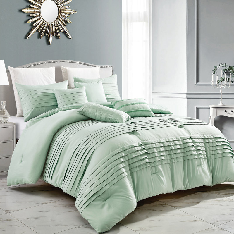 Ensemble d'édredon en microfibre vert 7 pièces, Édredon pour très grand lit + 2 très grandes ta