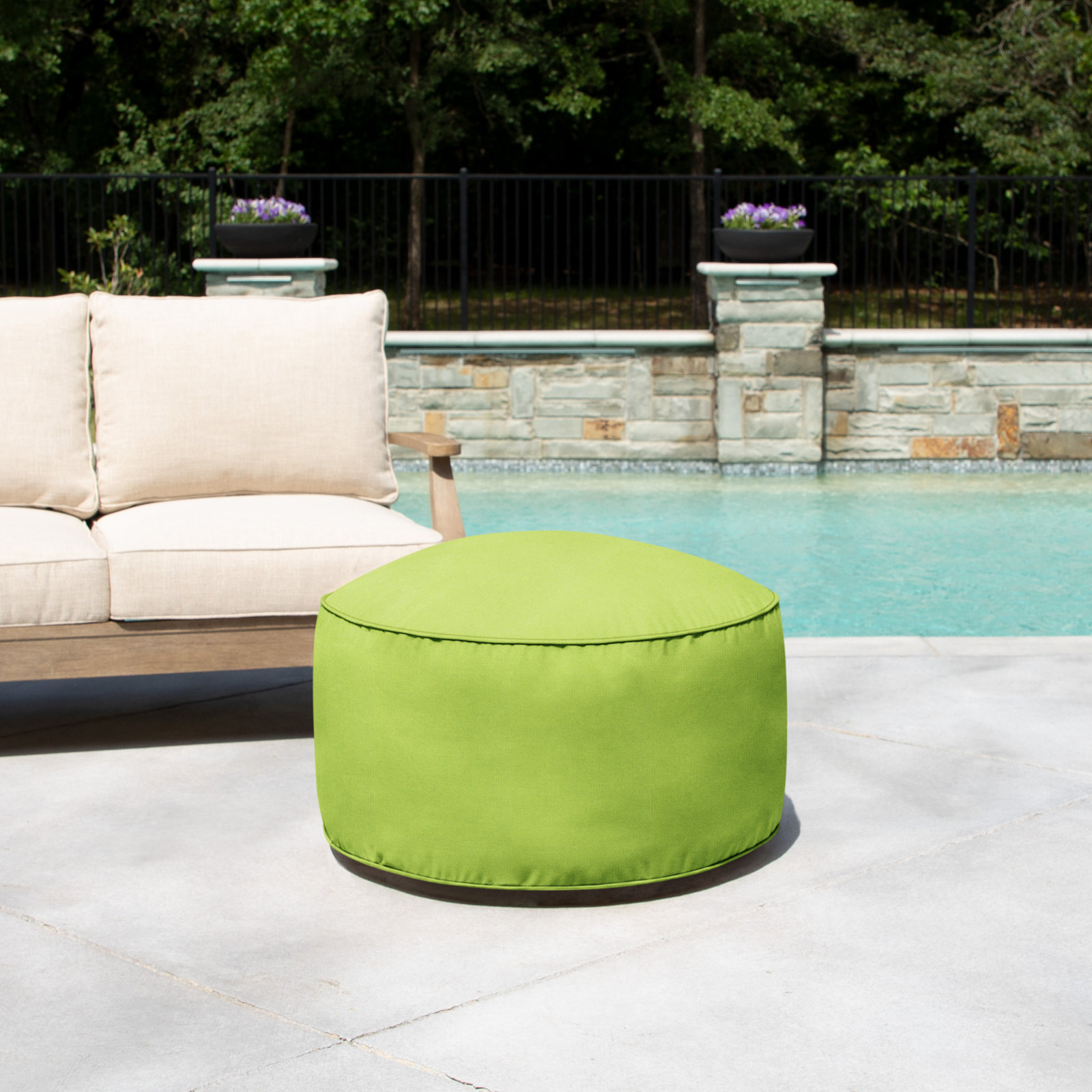 Demi Round Upholstered Outdoor Ottoman with Sunbrella® Cushion, Canvas Macaw Sunbrella® Canvas